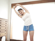 Busty JAV star Toka Rinne jump rope and stretching