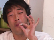 Asian babe in red lingerie Rin Sakuragi goes wild on two tasty dicks.