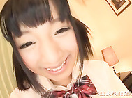 Pigtailed schoolgirl with tiny tits Hitomi Miyano enjoys pussy creampies.