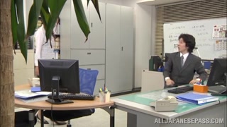 Appetizing Asian office chick Yui Ooba in a threesome sex game.
