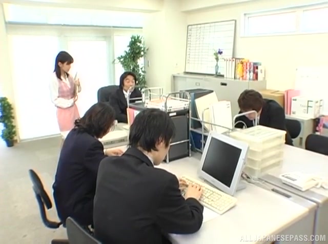 Pretty office chick Nana Nanaumi gets fucked by horny guys in her office.